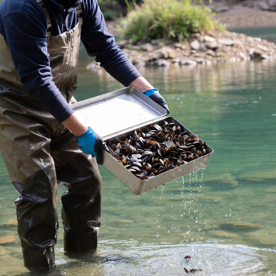 Man holding mussels in stream Man holding mussels in stream