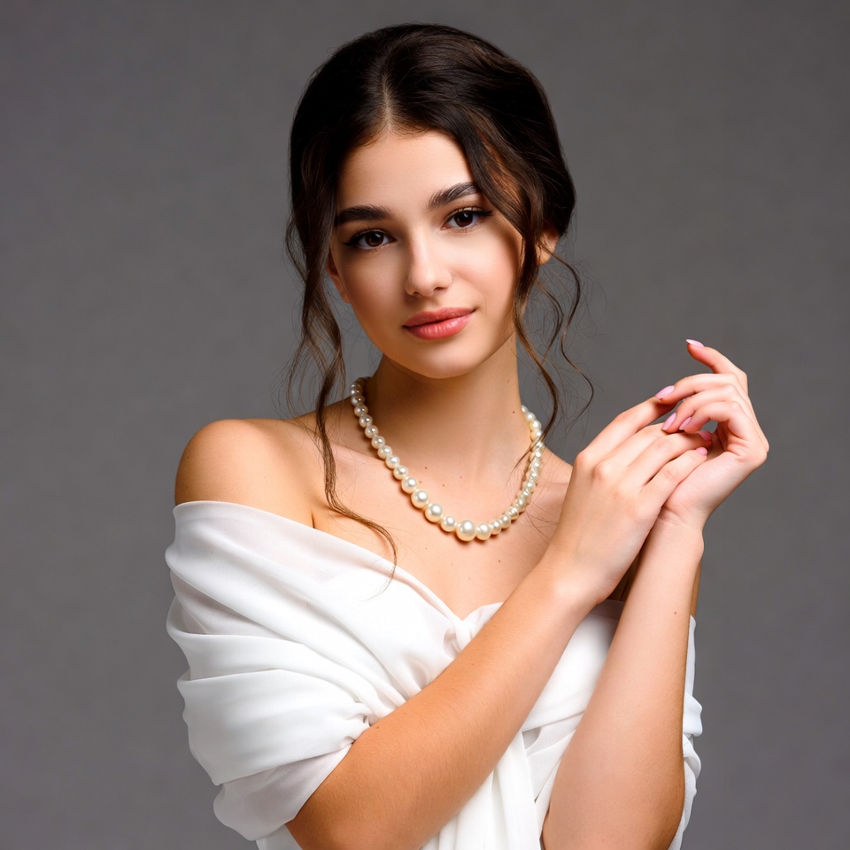 Woman wearing pearl necklace Woman wearing pearl necklace