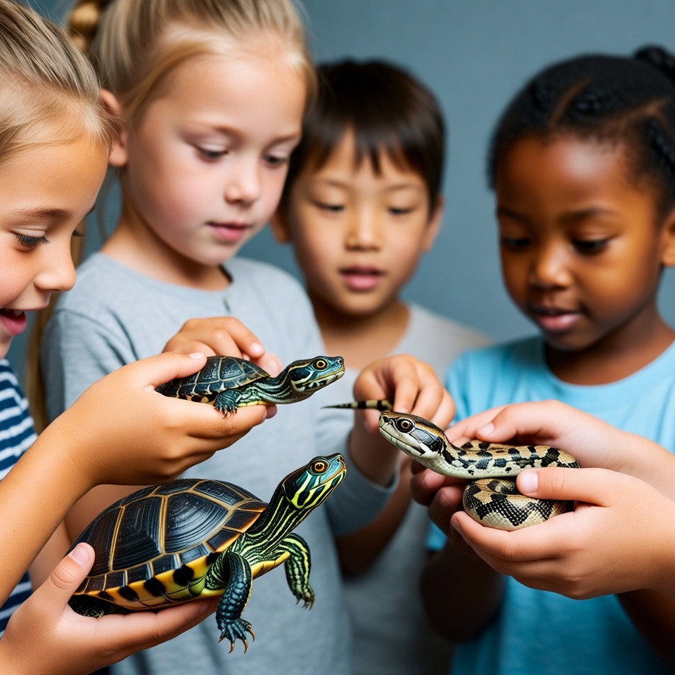 Diverse children holding turtles and snake Diverse children holding turtles and snake