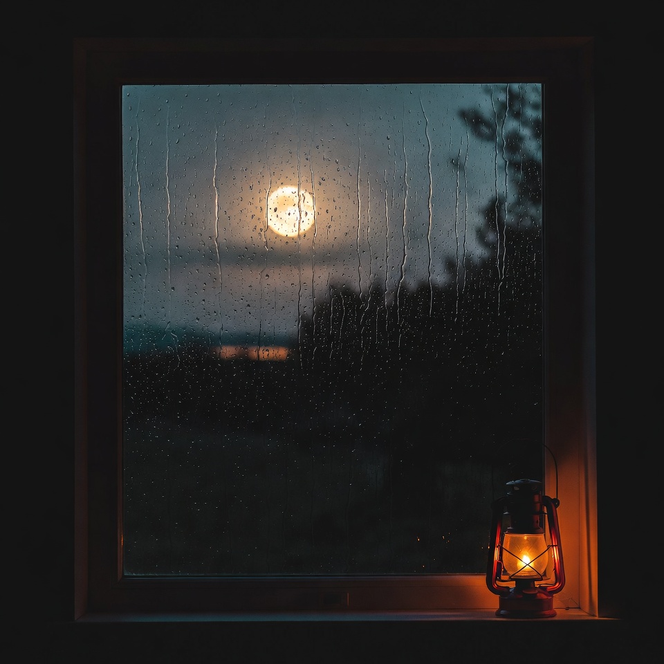 Moon through rainy window with lantern Moon through rainy window with lantern