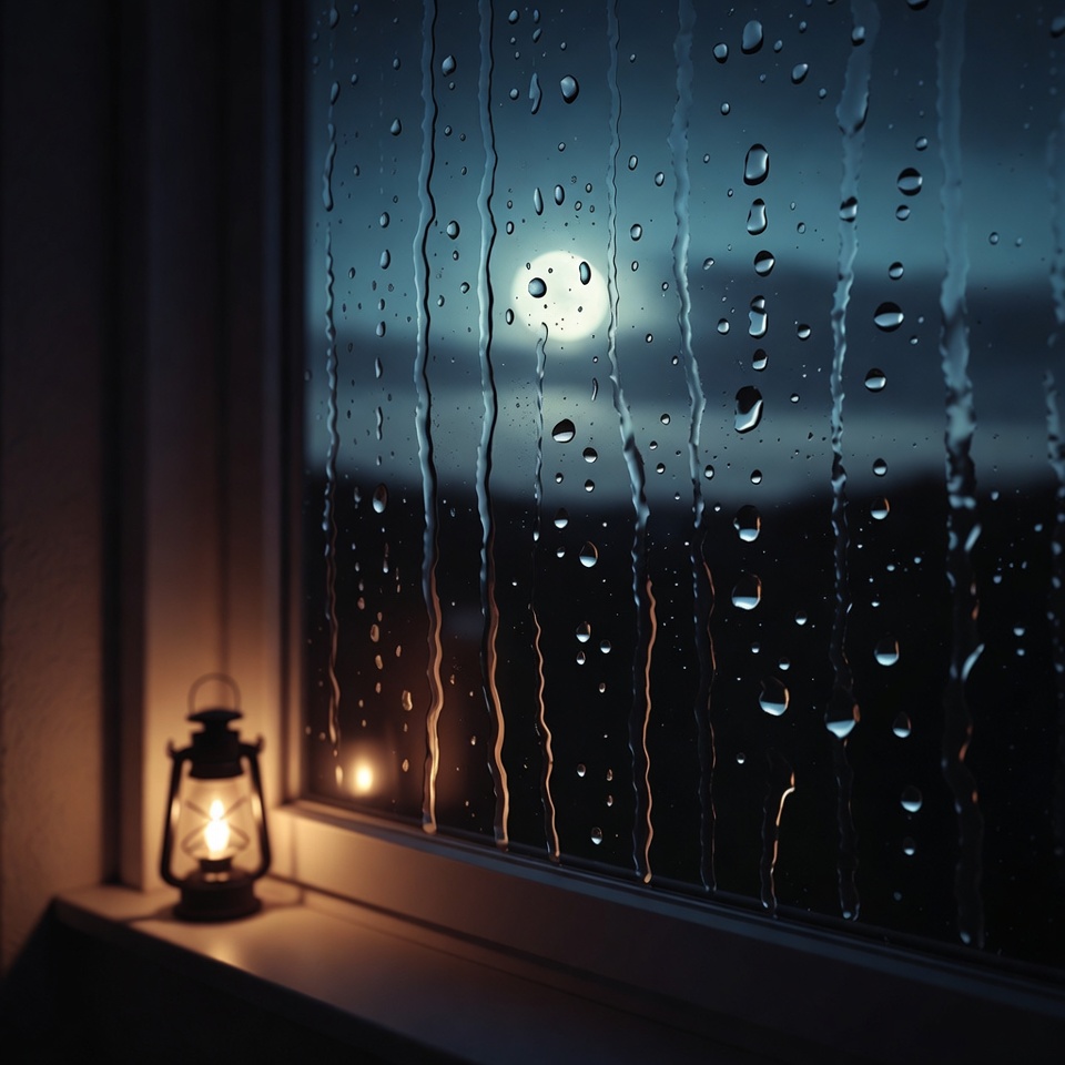Lantern by Rainy Window with Moon Lantern by Rainy Window with Moon