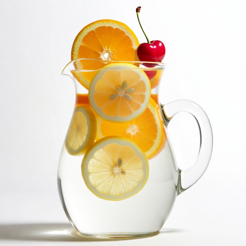 Glass pitcher with lemon orange slices cherry Glass pitcher with lemon orange slices cherry