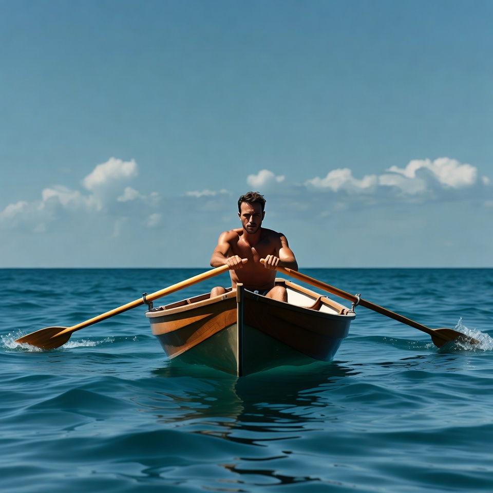 Man rowing wooden boat on ocean Man rowing wooden boat on ocean
