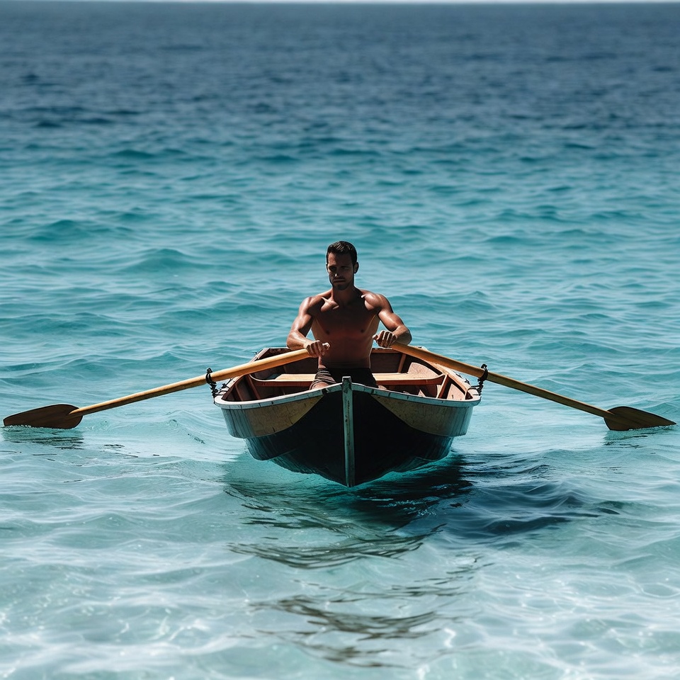 Man rowing wooden boat in ocean Man rowing wooden boat in ocean