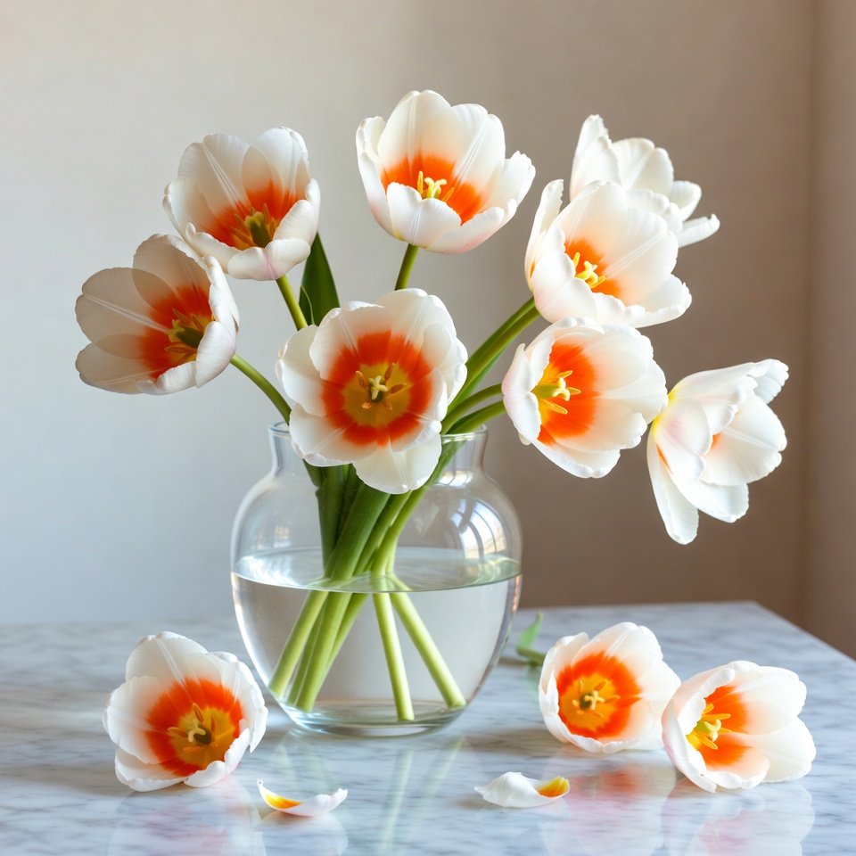 White Tulips with Orange Centers in Vase White Tulips with Orange Centers in Vase