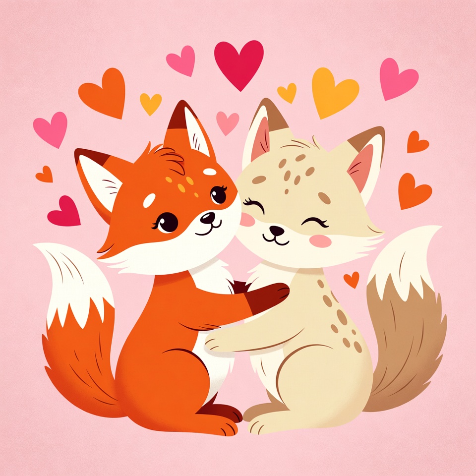 Cute foxes hugging with hearts Cute foxes hugging with hearts
