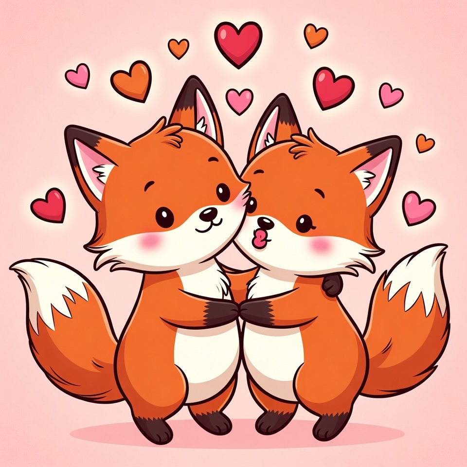 Cute foxes kissing with hearts Cute foxes kissing with hearts