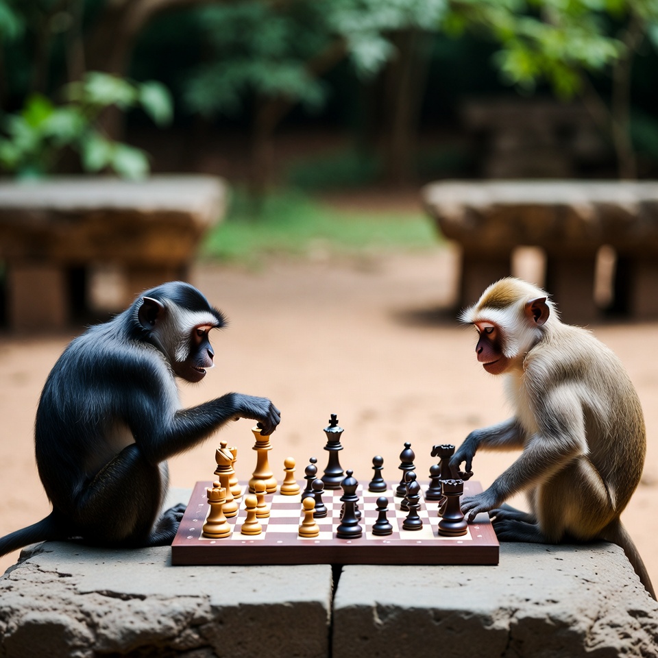 Monkeys playing chess outdoors Monkeys playing chess outdoors