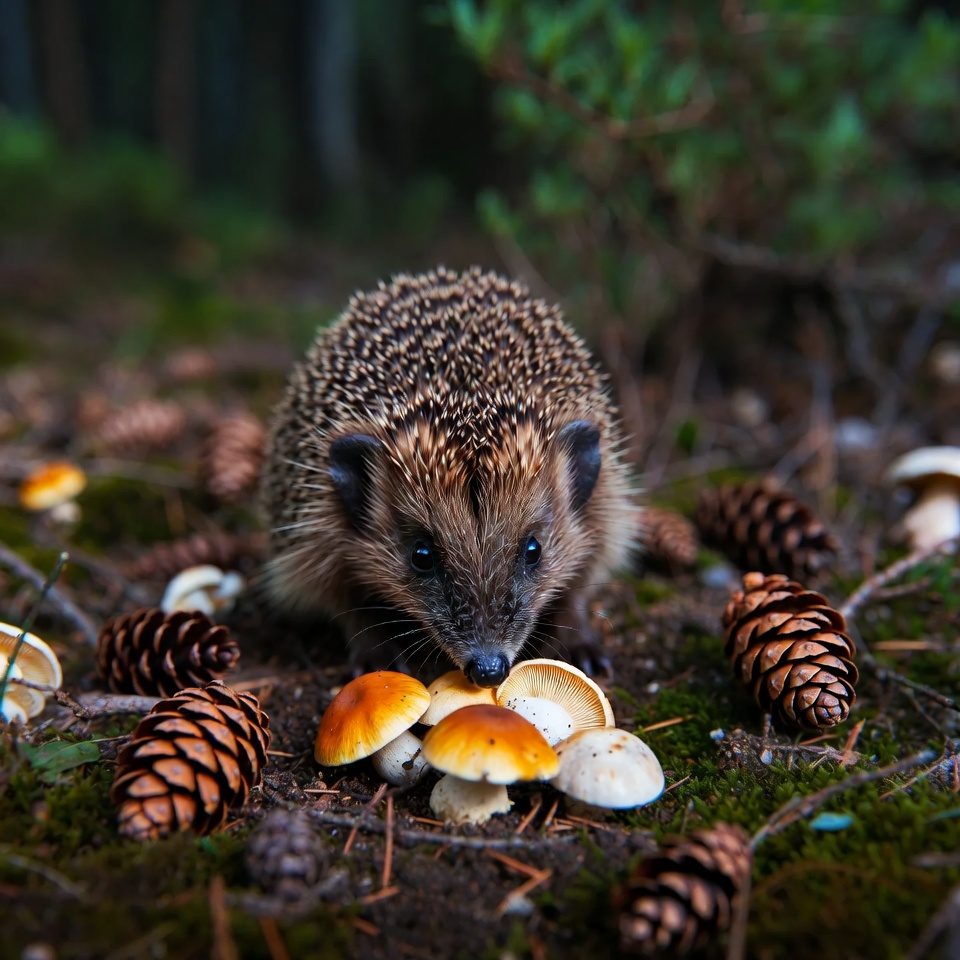 Hedgehog eating mushrooms in forest Hedgehog eating mushrooms in forest