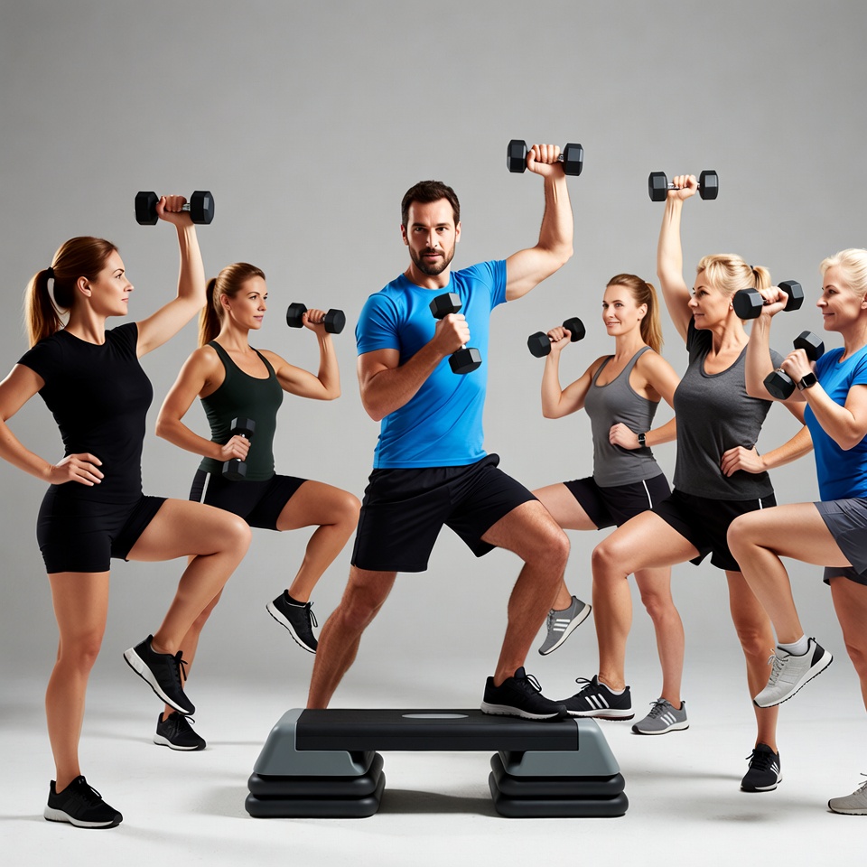 Trainer leading women dumbbell step workout Trainer leading women dumbbell step workout