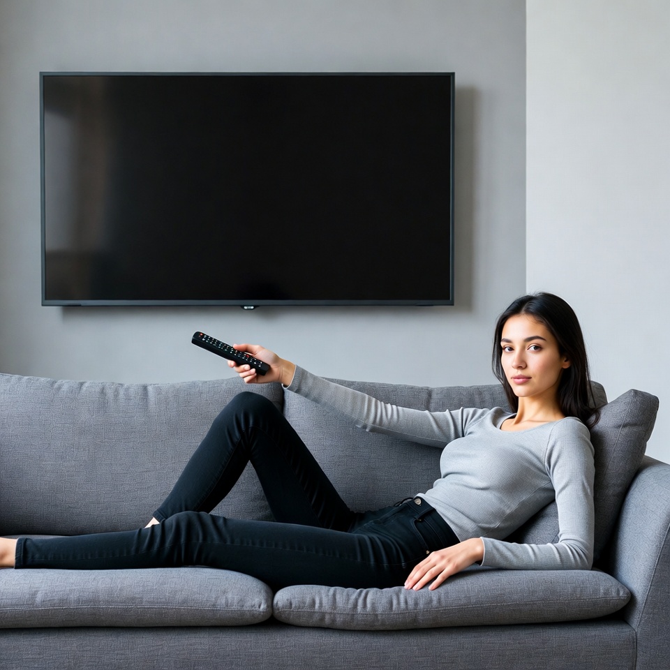 Woman relaxing on couch with TV remote Woman relaxing on couch with TV remote