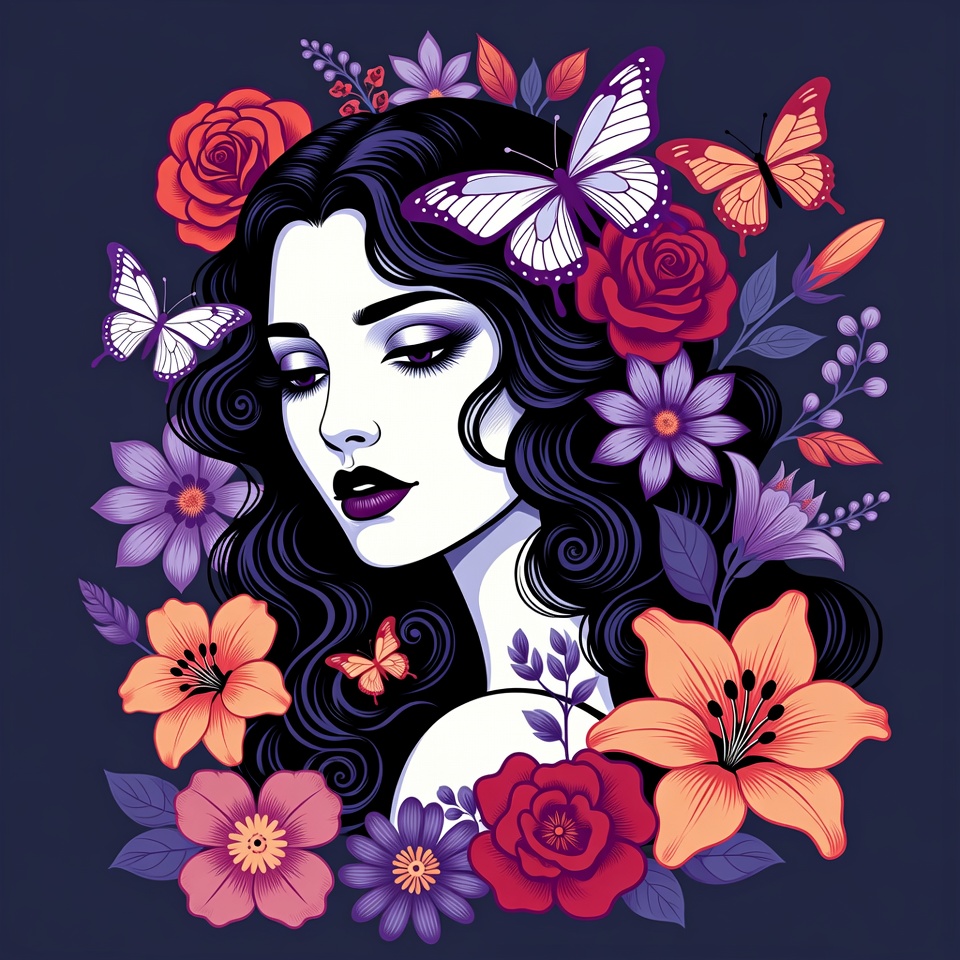 Woman with flowers and butterflies Woman with flowers and butterflies