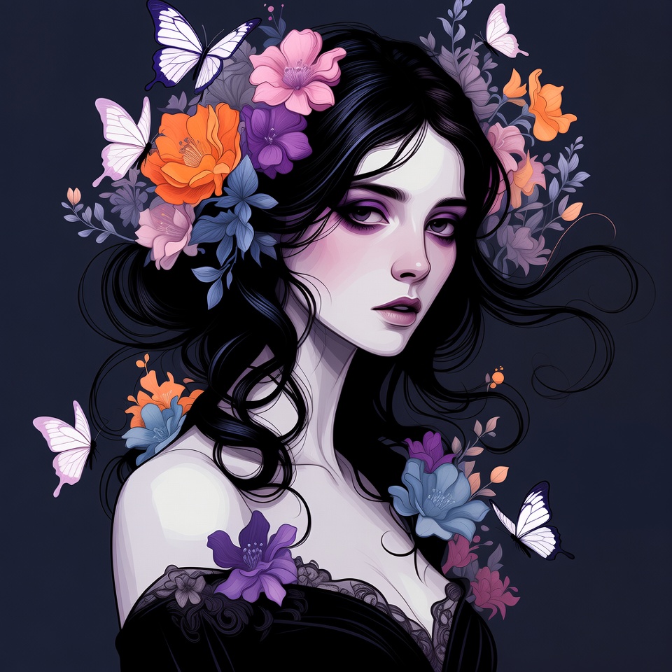 Woman with flowers and butterflies in hair Woman with flowers and butterflies in hair