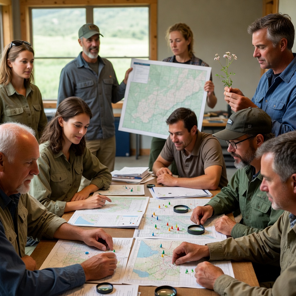 Group studying topographic maps outdoors Group studying topographic maps outdoors