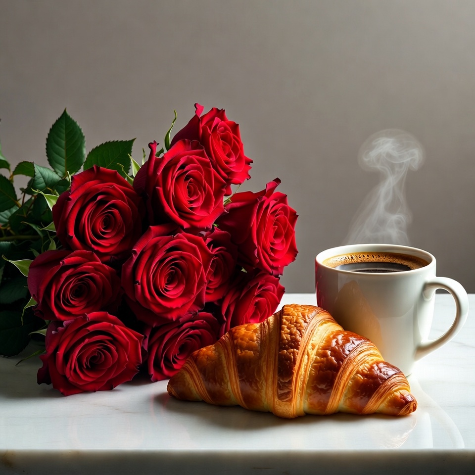 Red Roses with Croissant and Coffee Red Roses with Croissant and Coffee