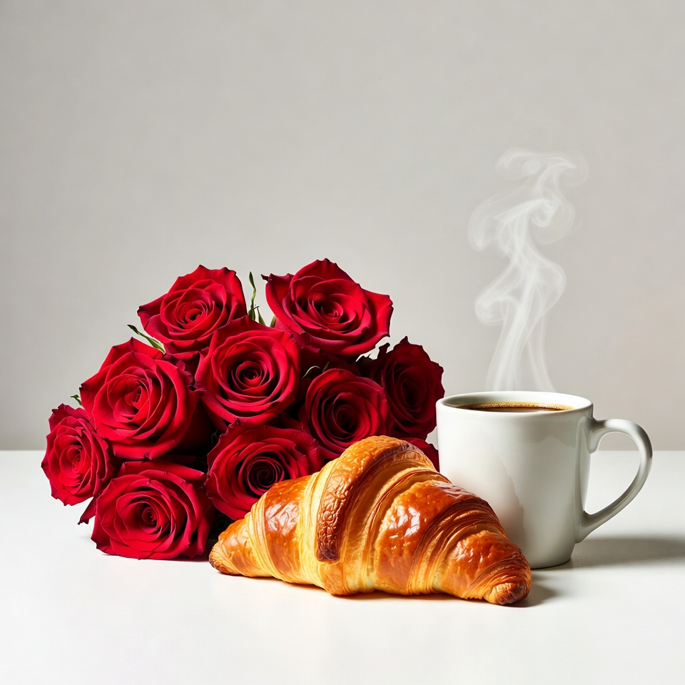 Red Roses with Croissant and Coffee Red Roses with Croissant and Coffee