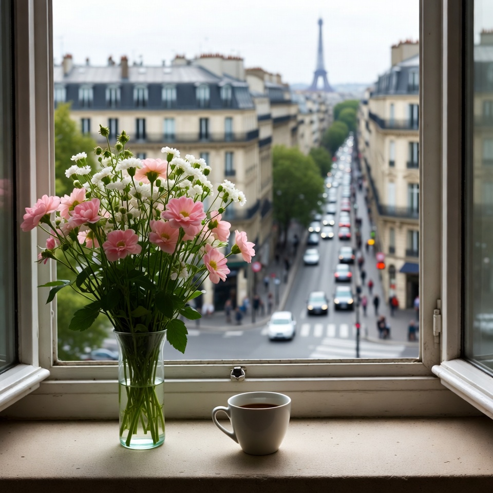 Eiffel Tower View with Flowers and Coffee Eiffel Tower View with Flowers and Coffee