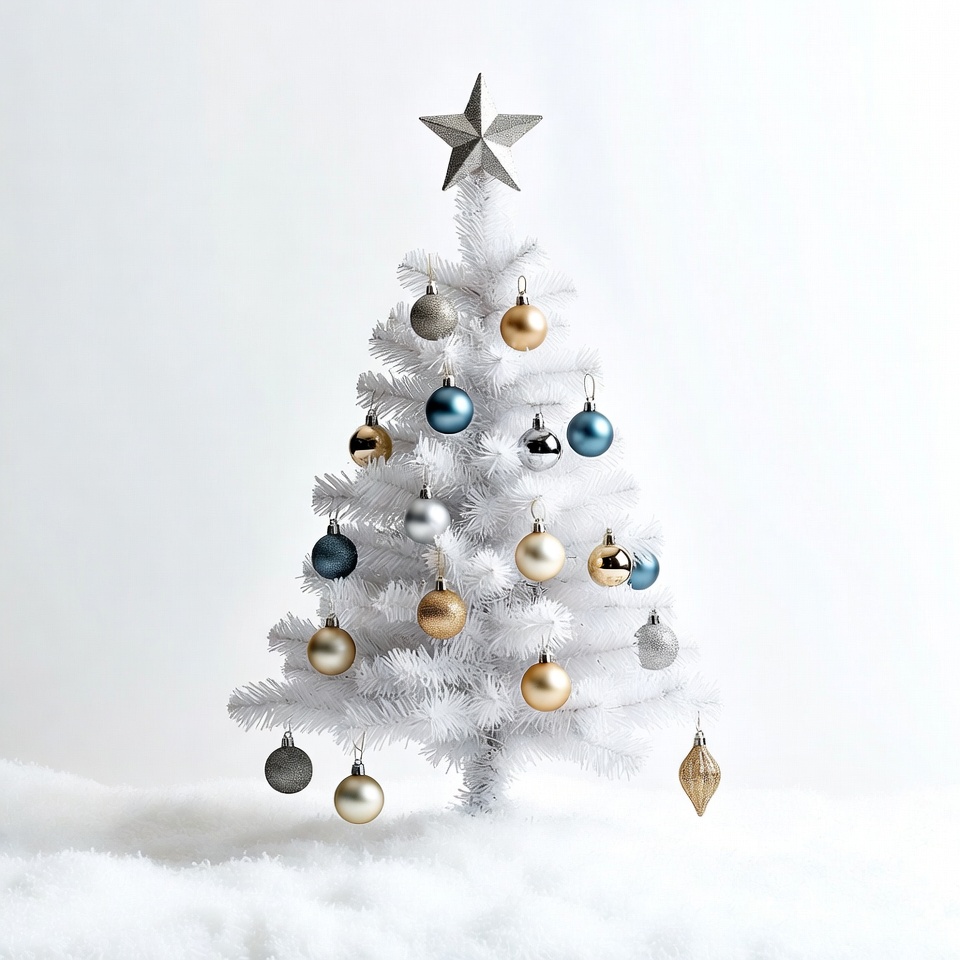 White Christmas tree with colorful ornaments White Christmas tree with colorful ornaments