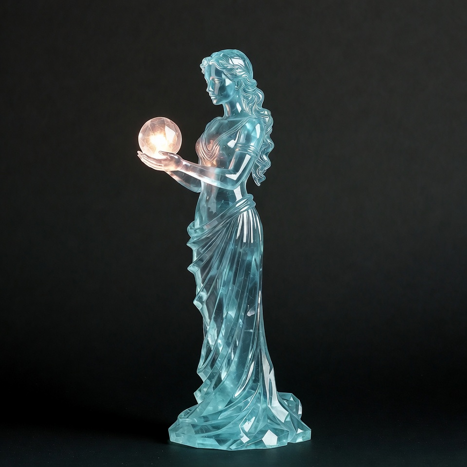 Blue Woman Statue Holding Glowing Orb Blue Woman Statue Holding Glowing Orb