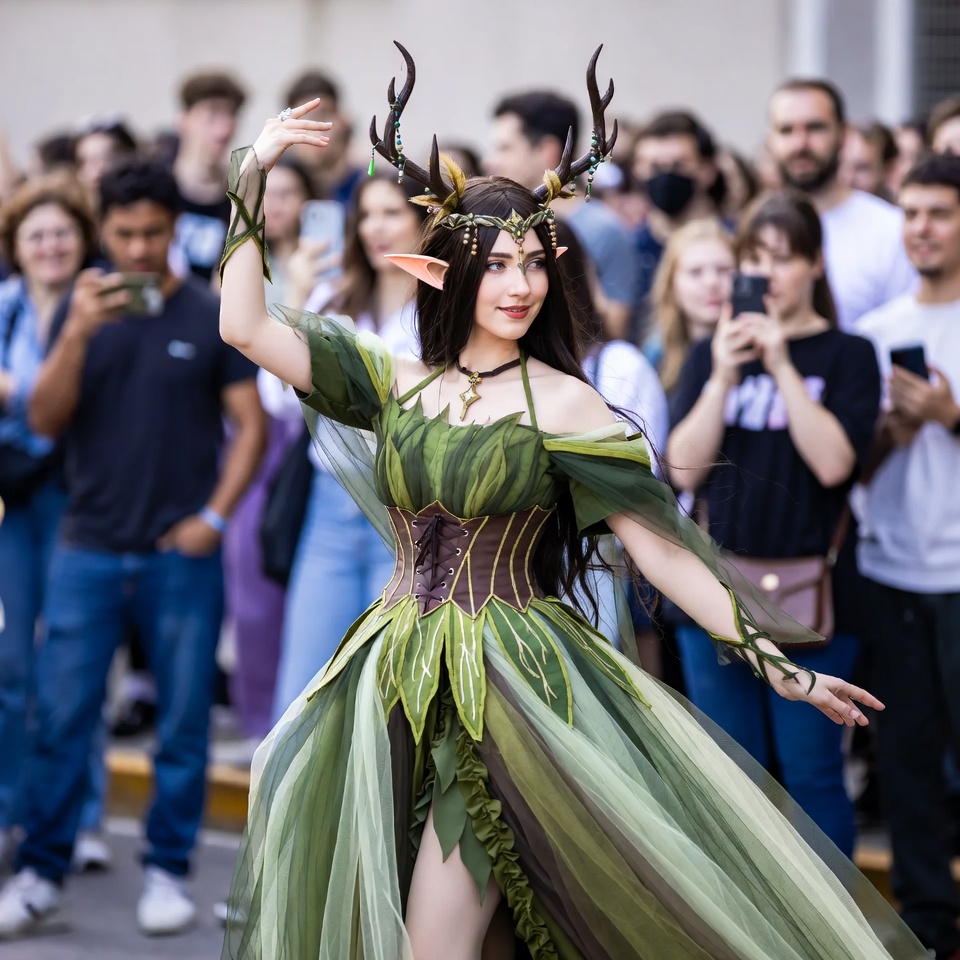 Woman in green elf costume dancing Woman in green elf costume dancing