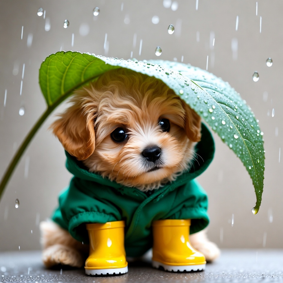 Puppy in raincoat under leaf umbrella Puppy in raincoat under leaf umbrella