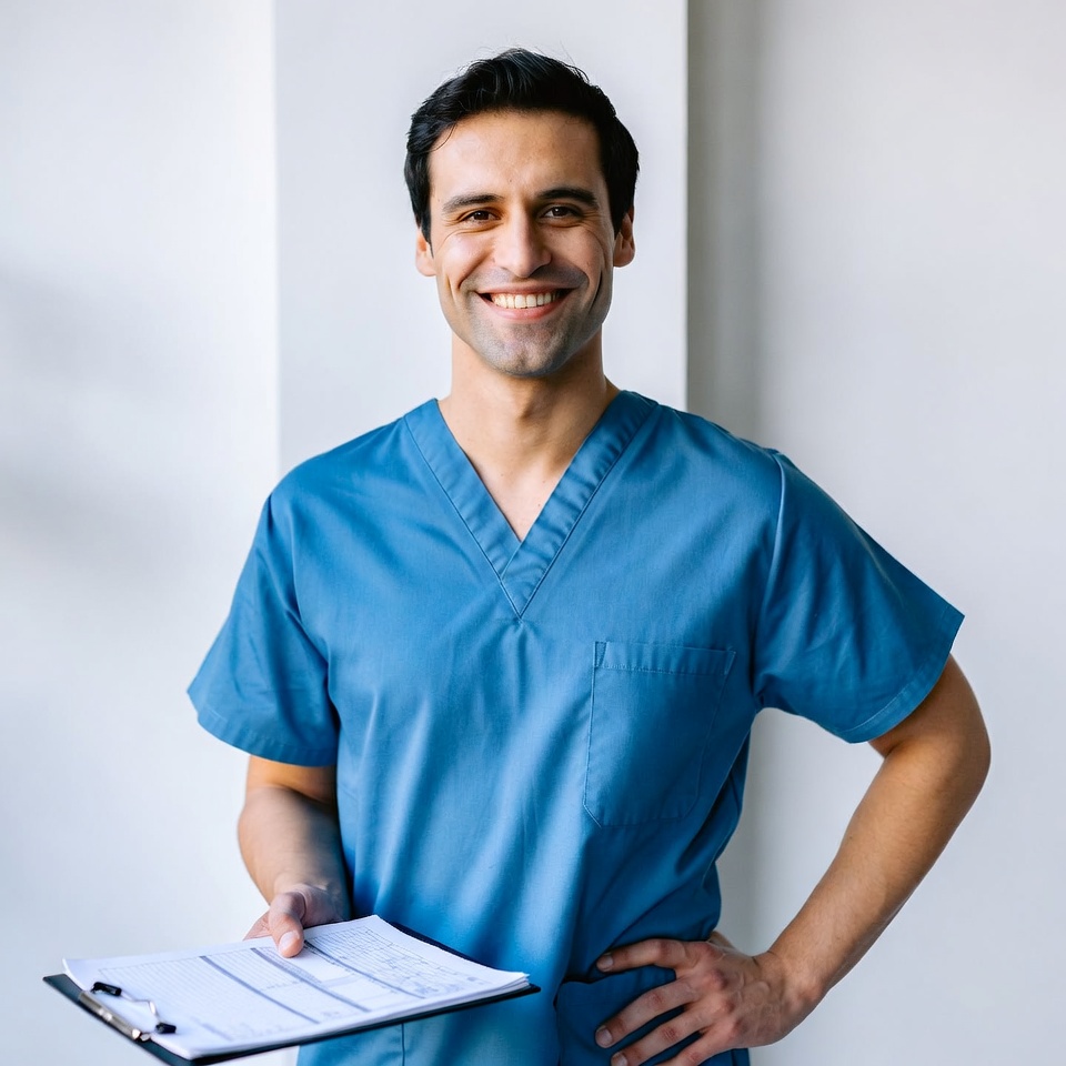 Smiling male doctor holding clipboard Smiling male doctor holding clipboard