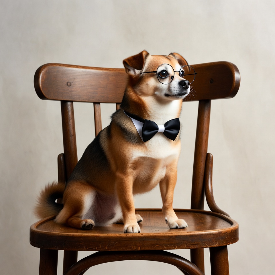 Dog in bowtie and glasses on chair Dog in bowtie and glasses on chair
