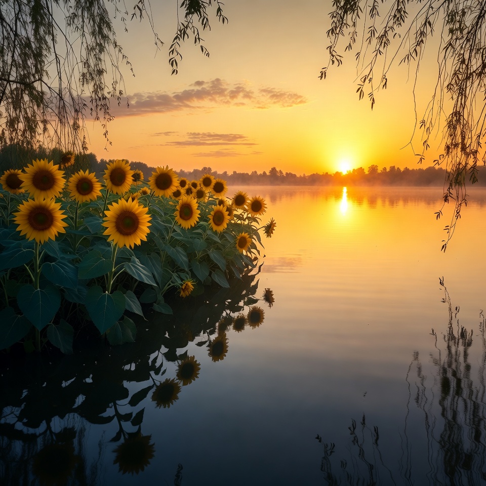 Sunflowers by lake at sunset Sunflowers by lake at sunset