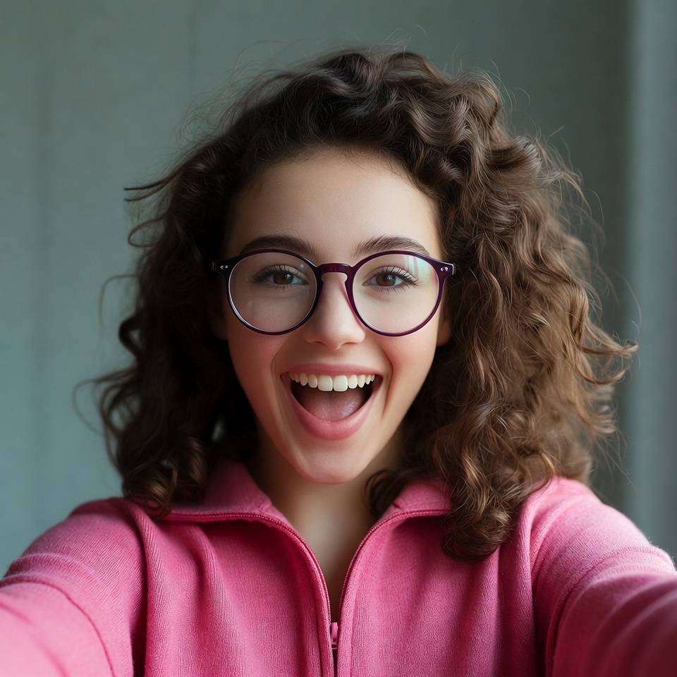 Smiling young woman with curly hair and glasses Smiling young woman with curly hair and glasses