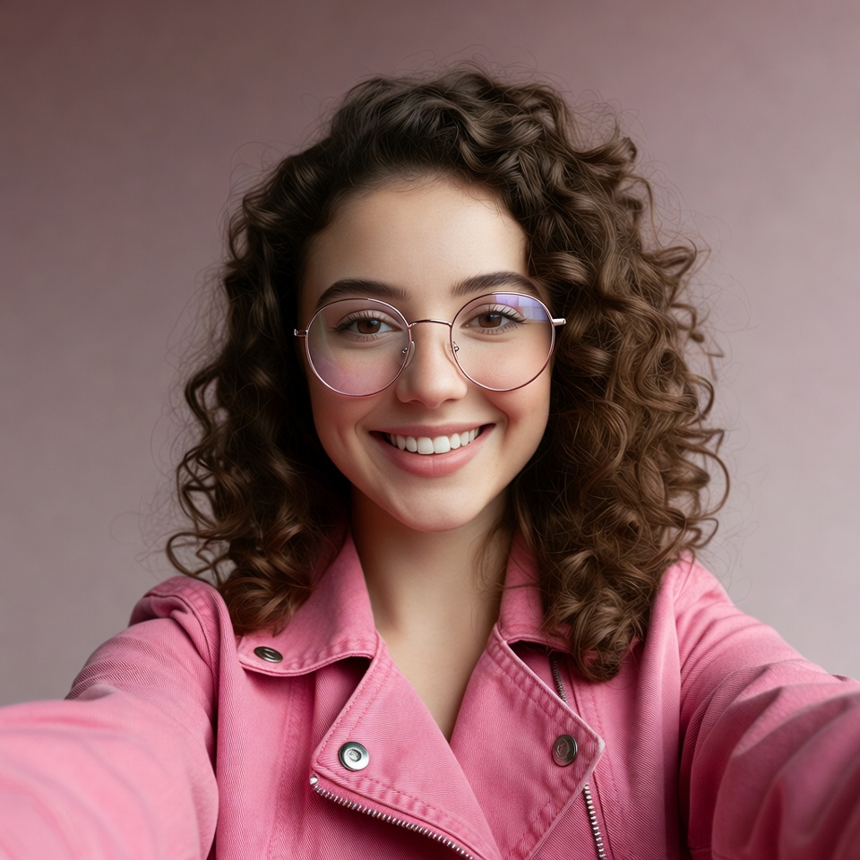 Smiling woman in pink jacket with curly hair Smiling woman in pink jacket with curly hair