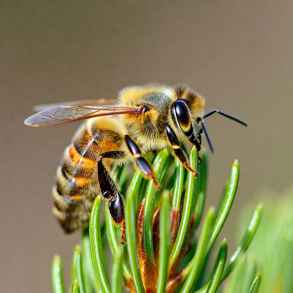 Honey Bee on Pine Needle Honey Bee on Pine Needle