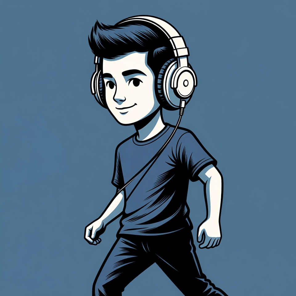 Cartoon boy walking with headphones Cartoon boy walking with headphones