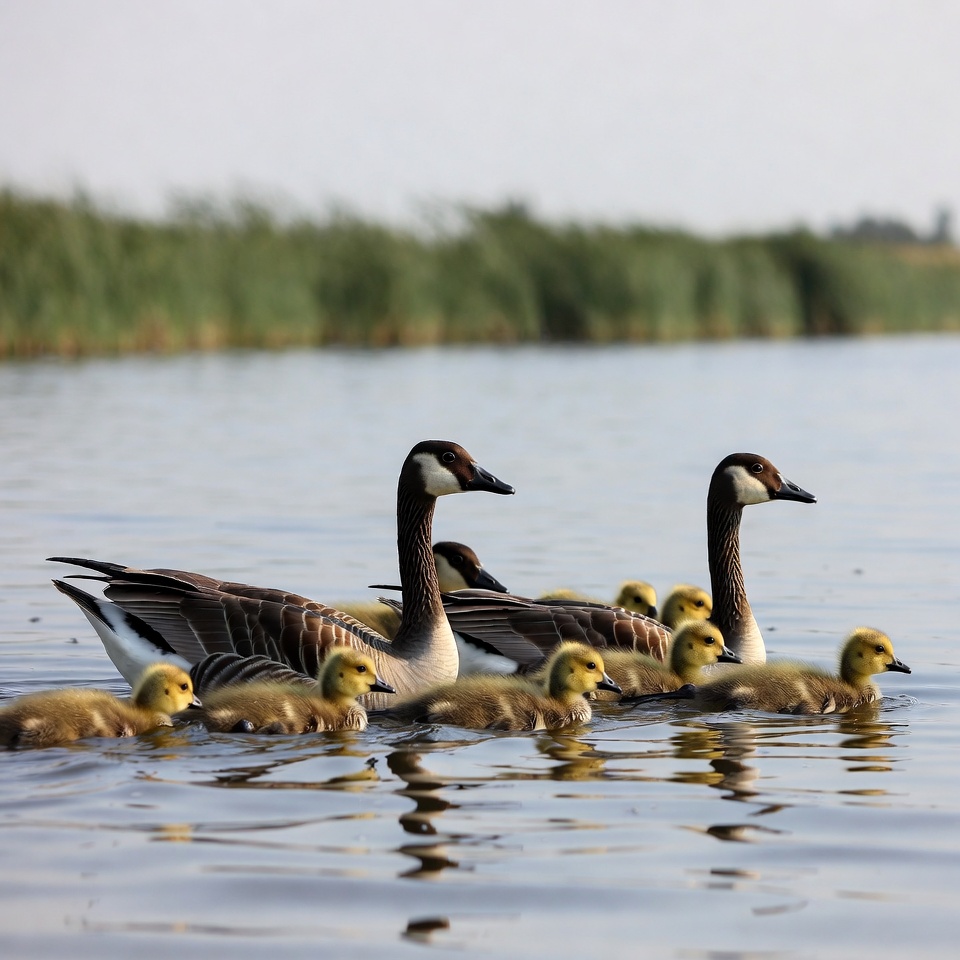 Canada goose family with goslings swimming Canada goose family with goslings swimming