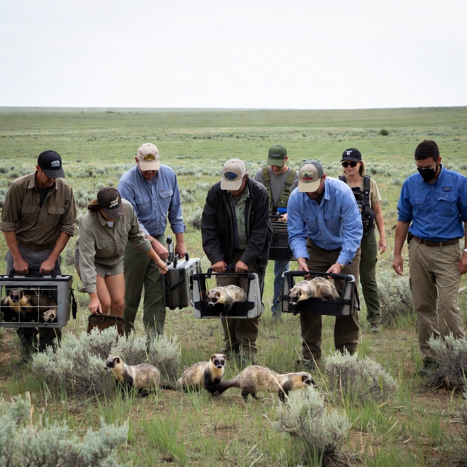 Group handling ferrets in grassland Group handling ferrets in grassland