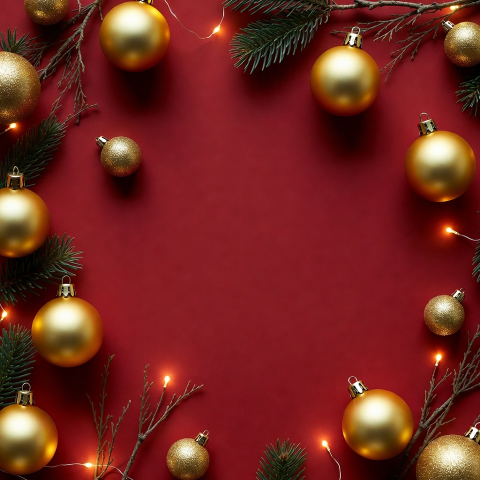 Gold Christmas Ornaments on Red Background Gold Christmas Ornaments on Red Background