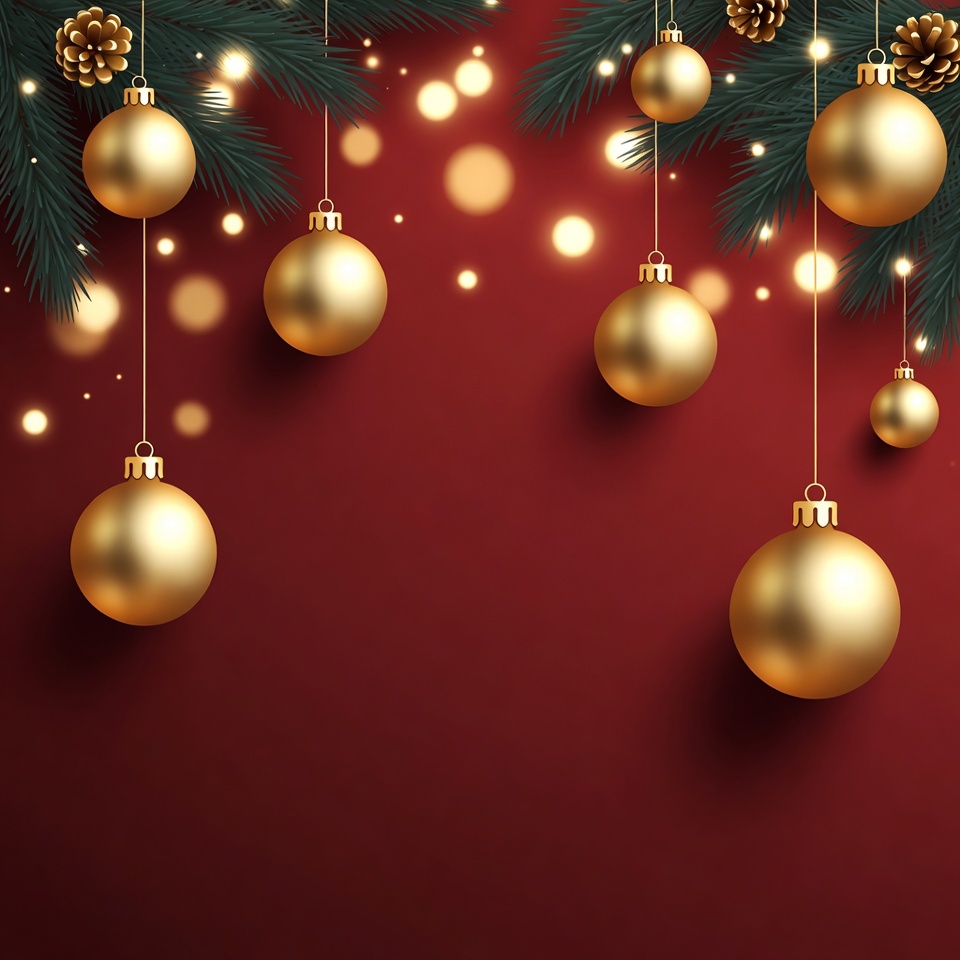 Gold Christmas Ornaments on Red Background Gold Christmas Ornaments on Red Background