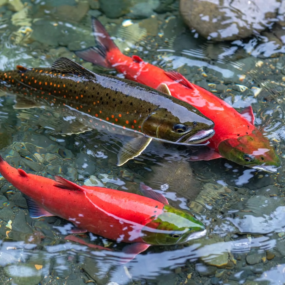 Rainbow Trout and Sockeye Salmon in Stream Rainbow Trout and Sockeye Salmon in Stream