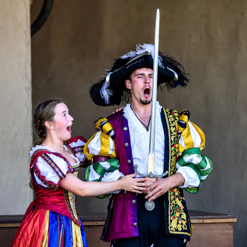 Pirate actor man with sword and girl Pirate actor man with sword and girl