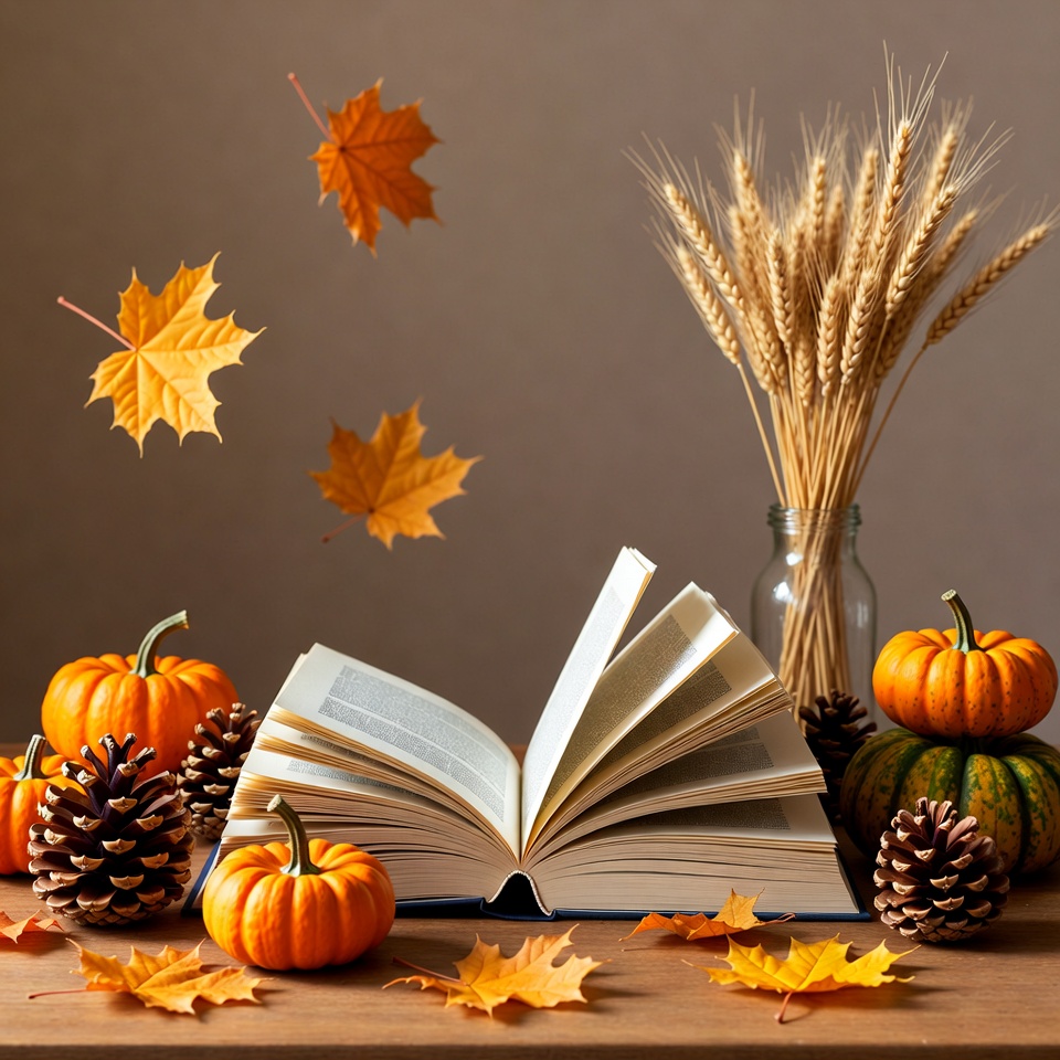 Open Book with Pumpkins and Fall Leaves Open Book with Pumpkins and Fall Leaves