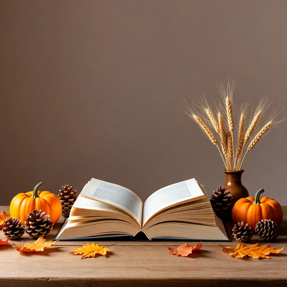 Open Book with Pumpkins and Autumn Leaves Open Book with Pumpkins and Autumn Leaves