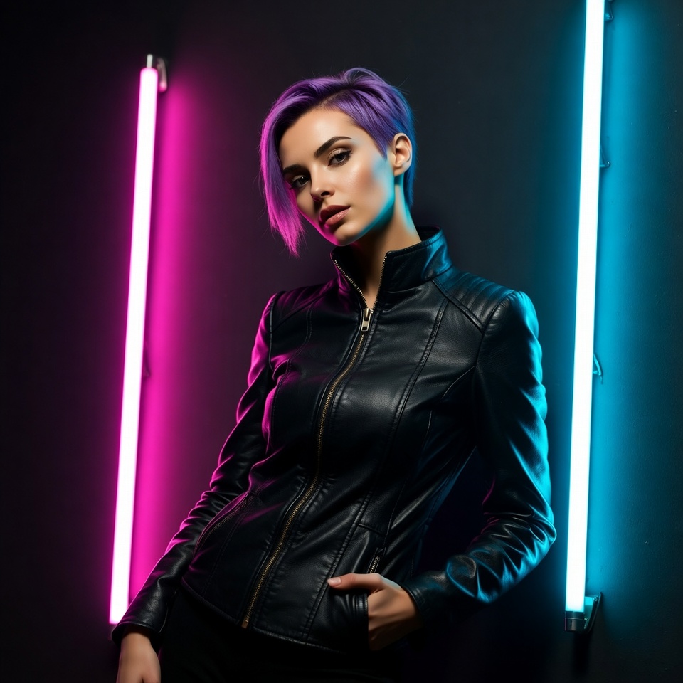 Woman with purple hair in leather jacket Woman with purple hair in leather jacket