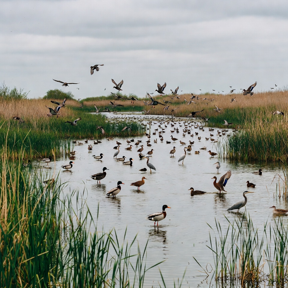 Flock of birds in marsh reeds Flock of birds in marsh reeds