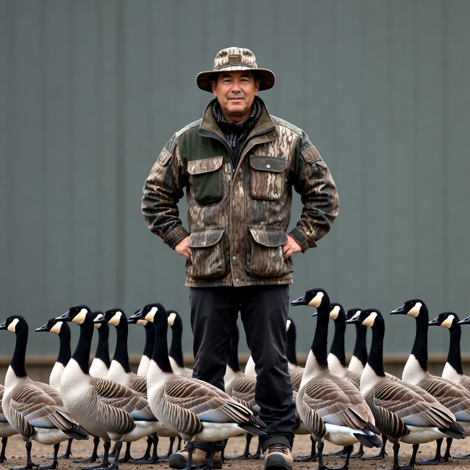Man standing with Canada geese Man standing with Canada geese