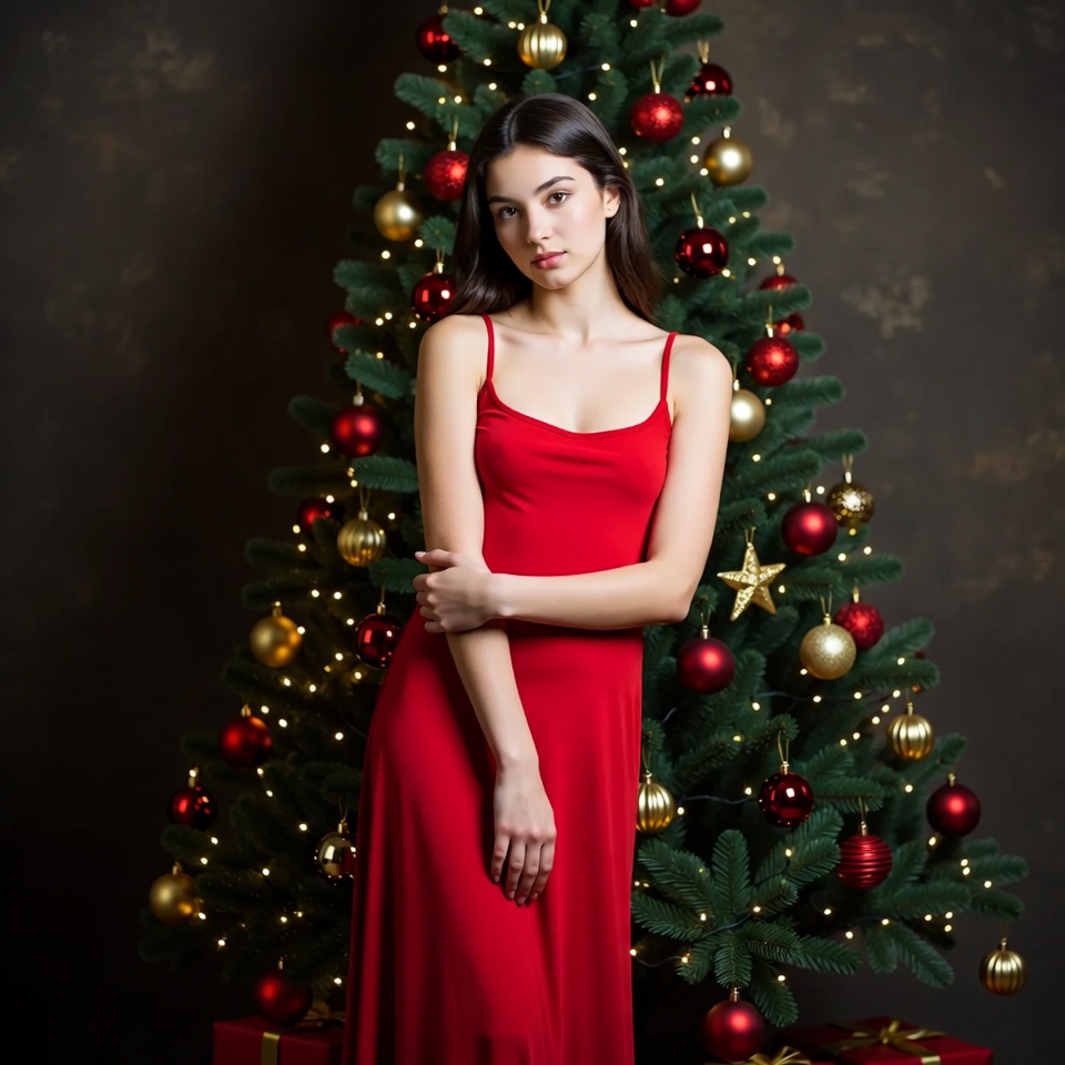 Woman in red dress by Christmas tree Woman in red dress by Christmas tree