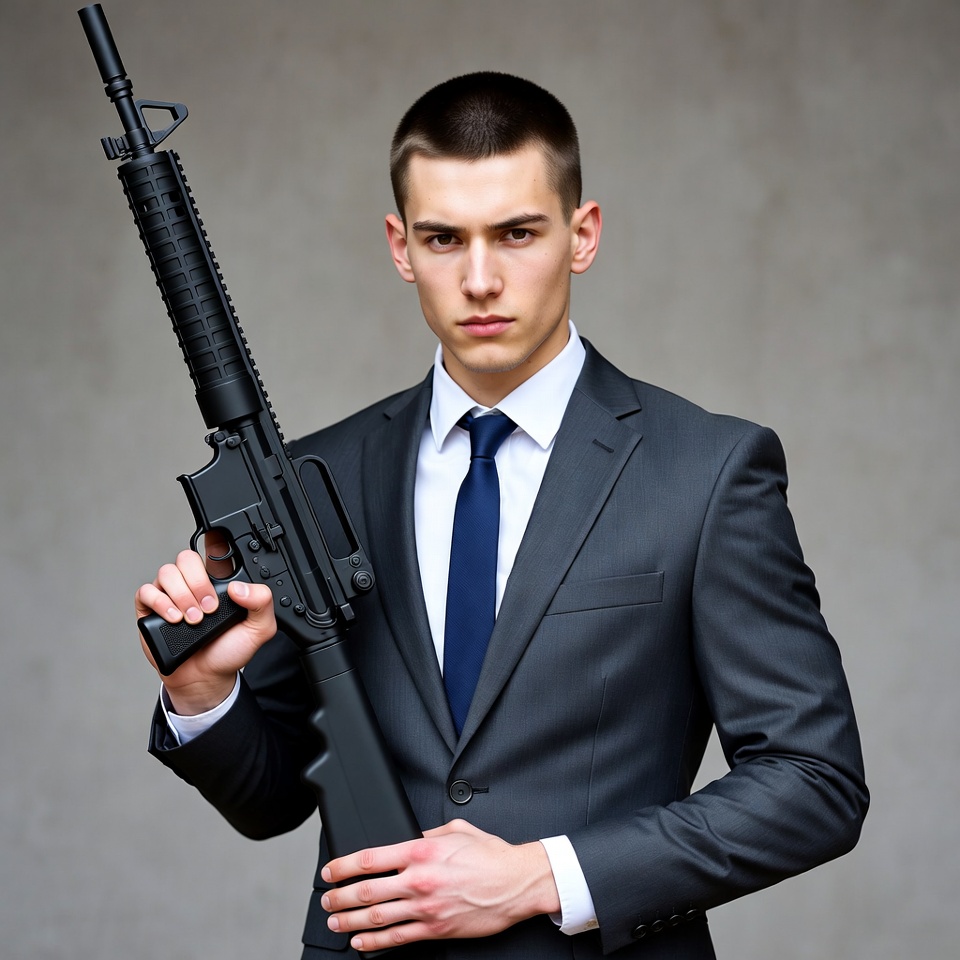 Man in suit holding assault rifle Man in suit holding assault rifle