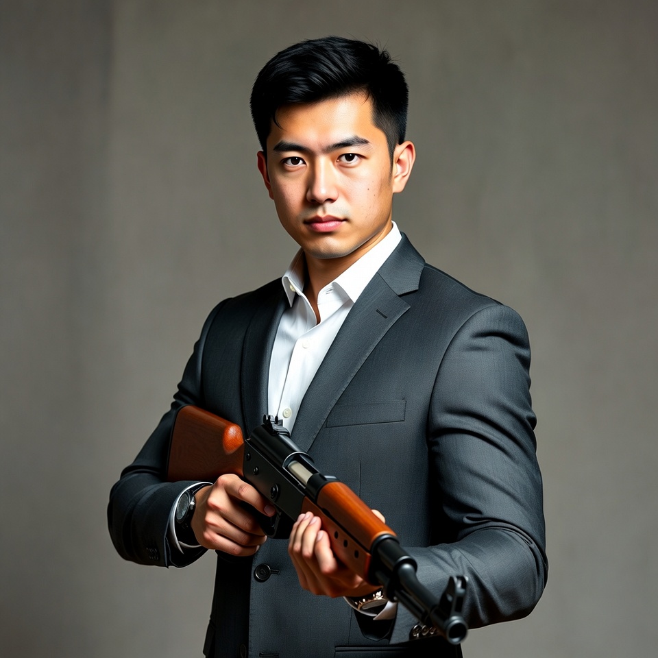 Asian man in suit holding rifle Asian man in suit holding rifle