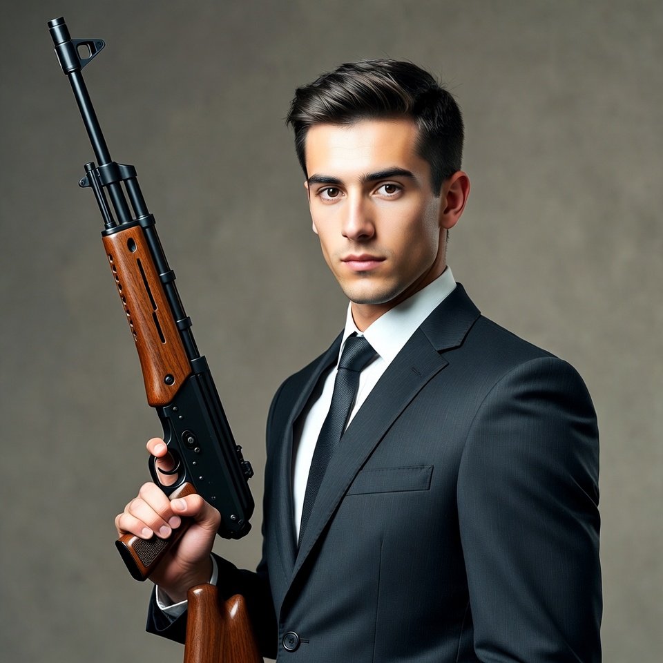 Man in suit holding AK-47 rifle Man in suit holding AK-47 rifle