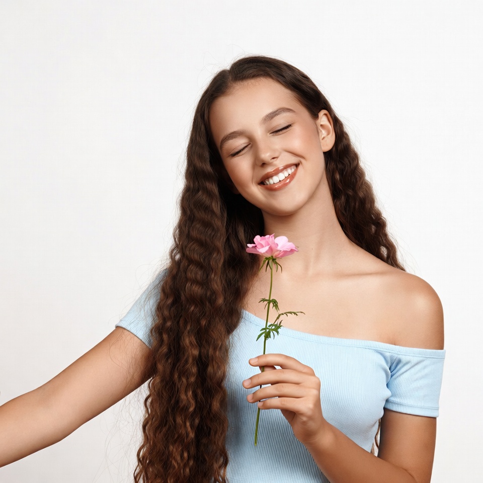 Young woman holding pink rose Young woman holding pink rose