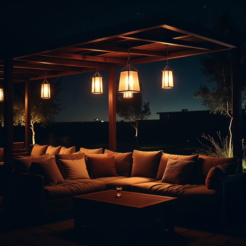 Cozy Outdoor Sofa with Lanterns at Night Cozy Outdoor Sofa with Lanterns at Night
