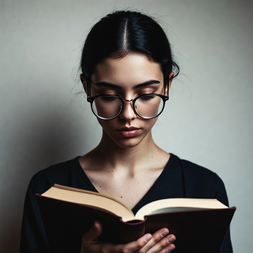 Young woman reading book in glasses Young woman reading book in glasses